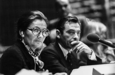 Mme Simone Veil préside une séance du Parlement européen à Strasbourg le 12 octobre 1979 au Palais de l’Europe.